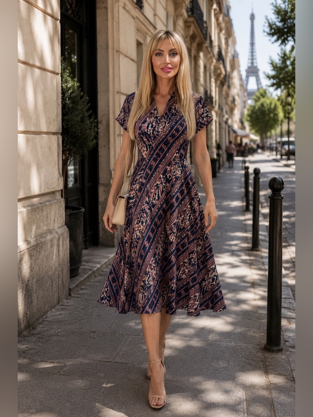 Ralph Lauren Navy and Pink Floral Wrap Midi Dress